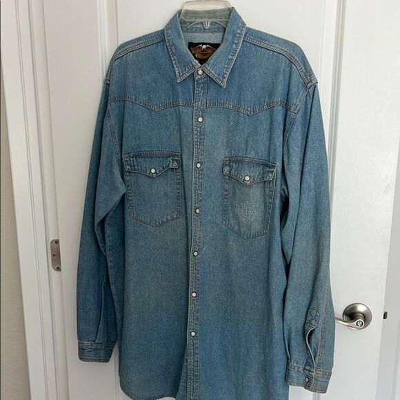 Harley-Davidson Motor Co Vintage Snap Front Denim Shirt Logo on Pocket XL L** - Picture 1 of 9